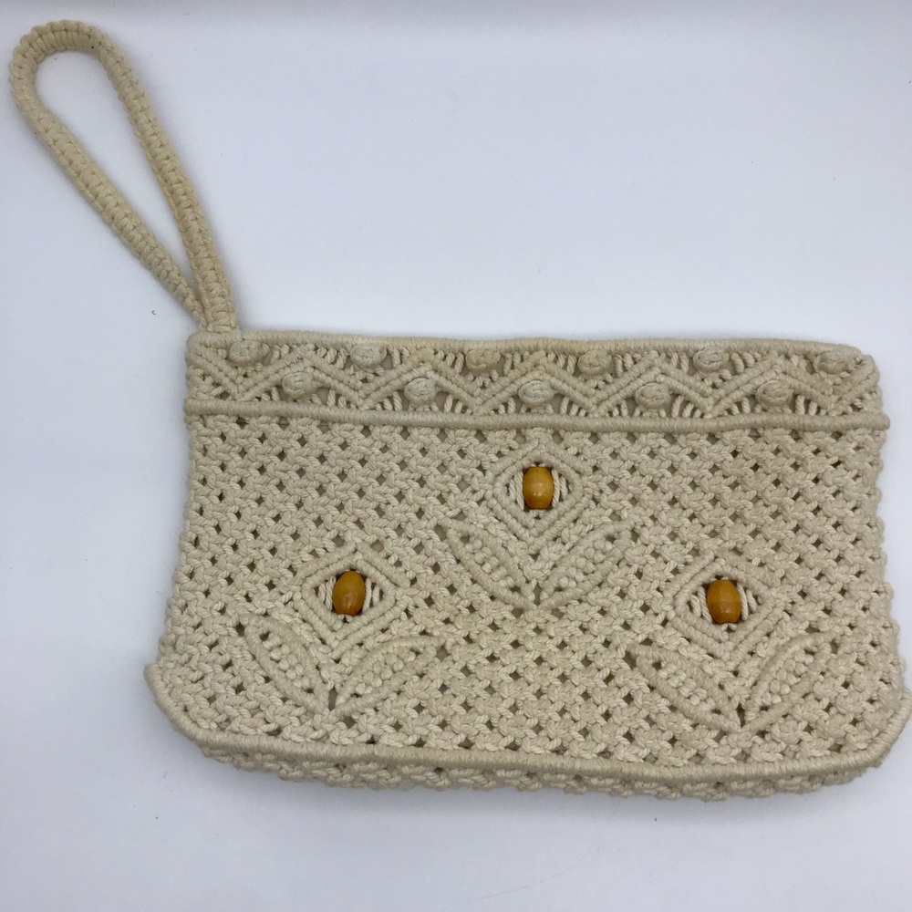 Vintage Wood Bead Macrame Crochet Wristlet Clutch